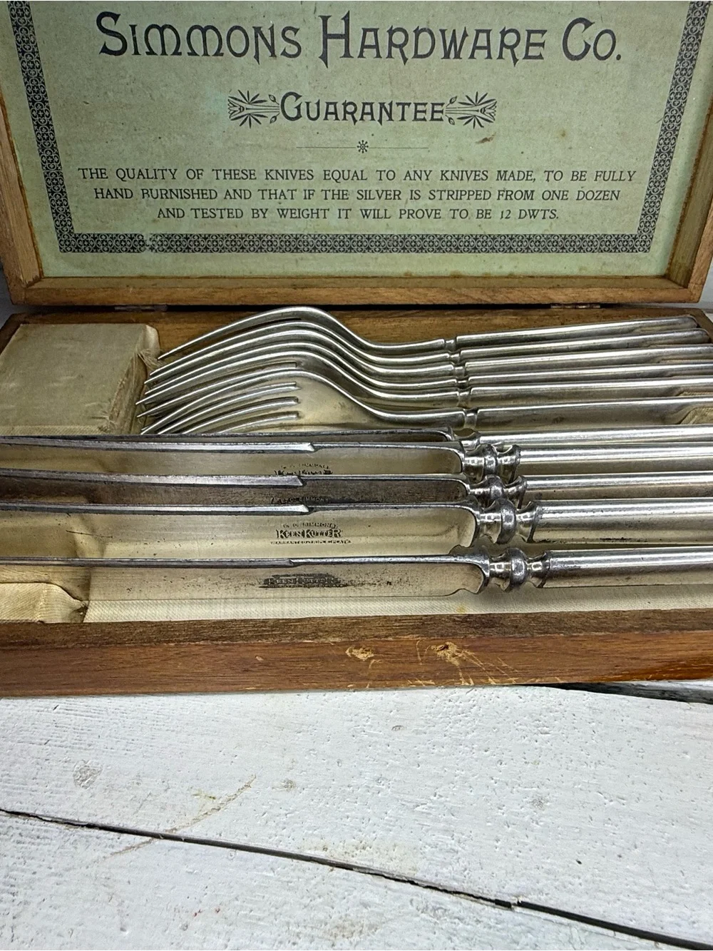 Vintage E.C. Simmons Keen Kutter No. 12 Pc Fork Knife Silverware Set w/ Wood Box
